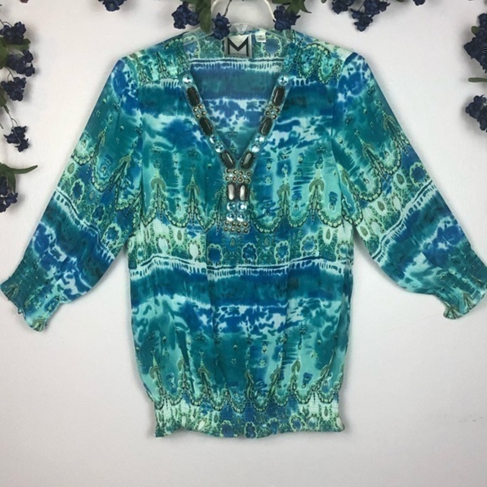 MARC BOUWER Bejeweled Glass Stones Blouse Shirt Top Medium